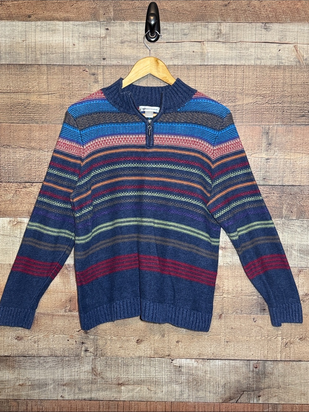 Vintage Christopher & Banks Multicolor Striped Ramie Cotton 1/4 Zip Sweater Blue